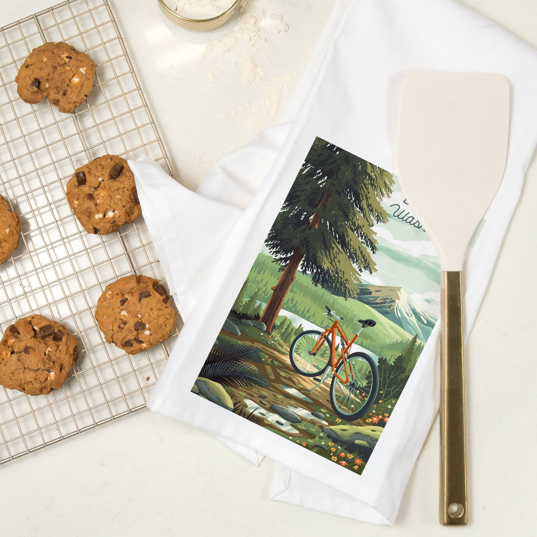 Bellingham, Washington, Get Outside Series, Off To Wander, Cycling with Mountains, Organic Cotton Kitchen Tea Towels Kitchen Lantern Press