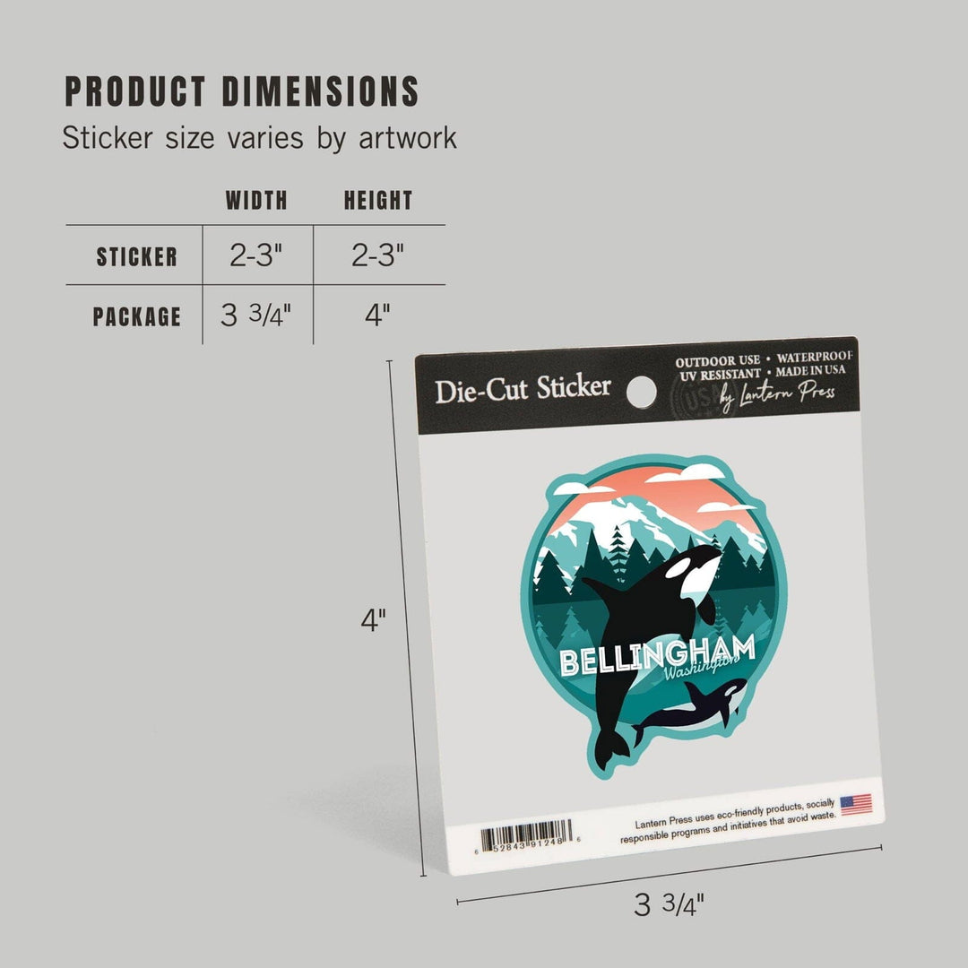 Bellingham, Washington, Orca Whale and Calf, Vector, Contour, Lantern Press Artwork, Vinyl Sticker Sticker Lantern Press