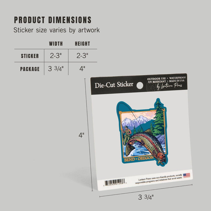 Bend, Oregon, Angler Fly Fishing Scene, Contour, Lantern Press Artwork, Vinyl Sticker Sticker Lantern Press