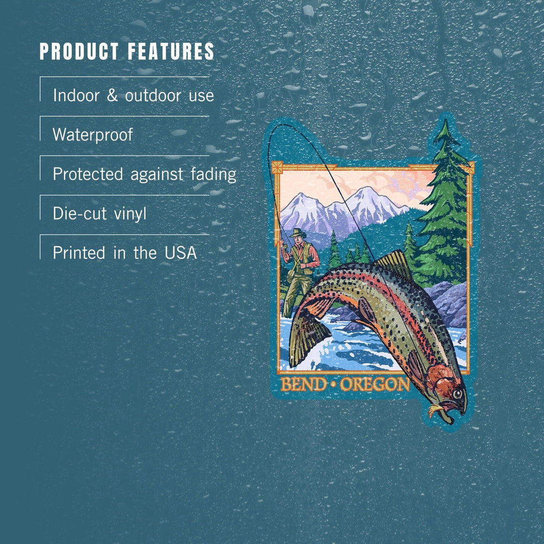 Bend, Oregon, Angler Fly Fishing Scene, Contour, Lantern Press Artwork, Vinyl Sticker Sticker Lantern Press