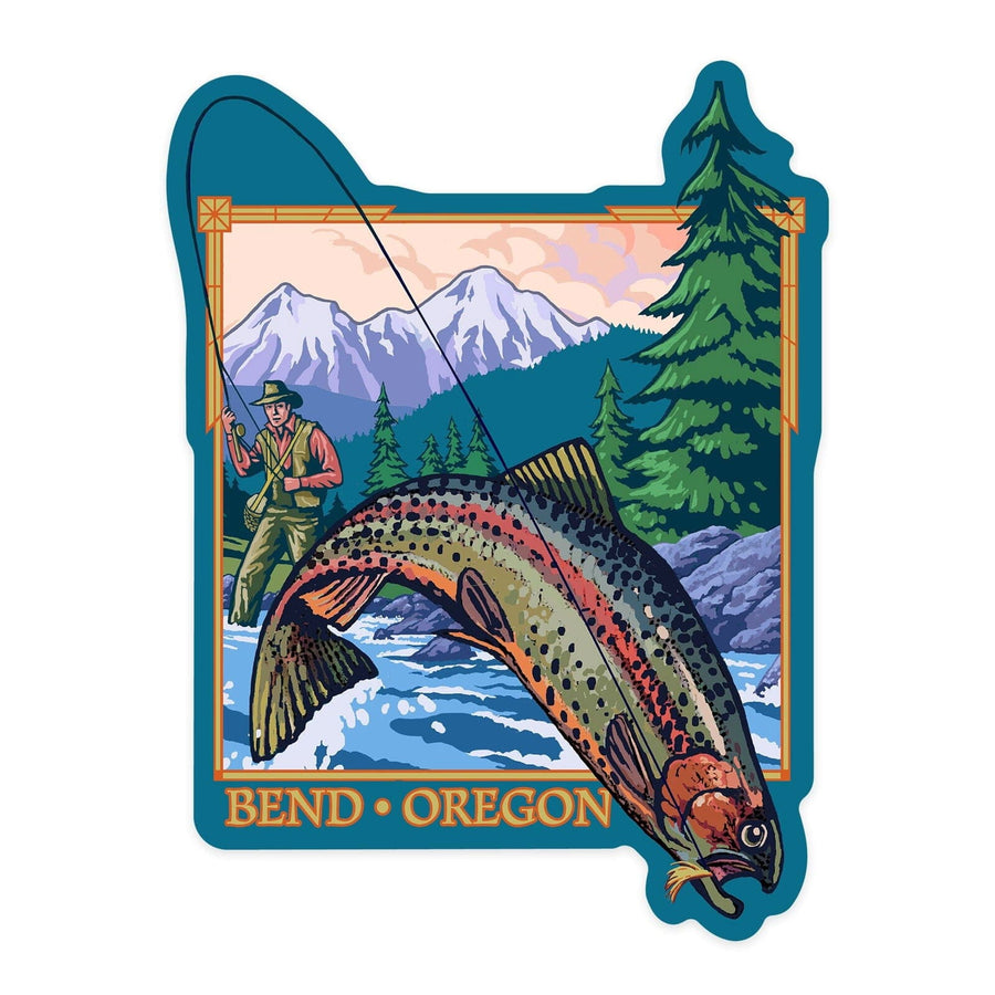 Bend, Oregon, Angler Fly Fishing Scene, Contour, Lantern Press Artwork, Vinyl Sticker Sticker Lantern Press
