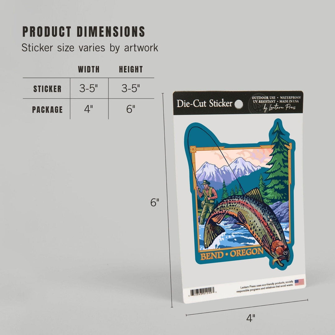 Bend, Oregon, Angler Fly Fishing Scene, Contour, Lantern Press Artwork, Vinyl Sticker Sticker Lantern Press