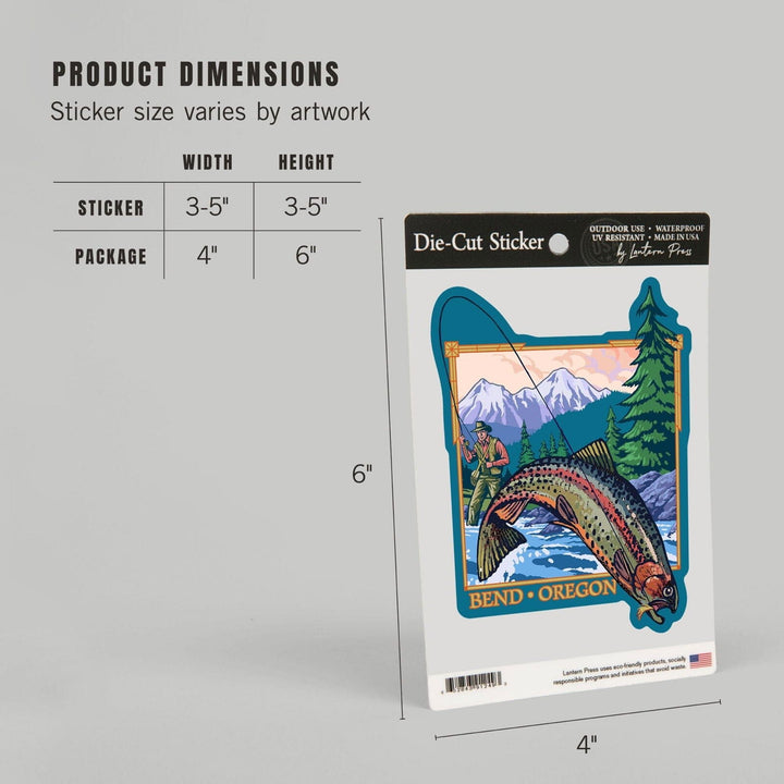 Bend, Oregon, Angler Fly Fishing Scene, Contour, Lantern Press Artwork, Vinyl Sticker Sticker Lantern Press
