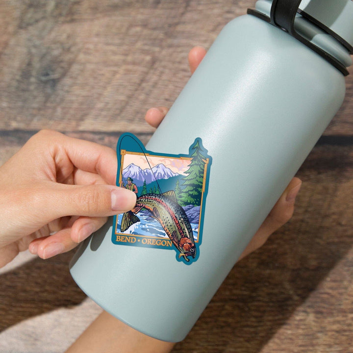 Bend, Oregon, Angler Fly Fishing Scene, Contour, Lantern Press Artwork, Vinyl Sticker Sticker Lantern Press