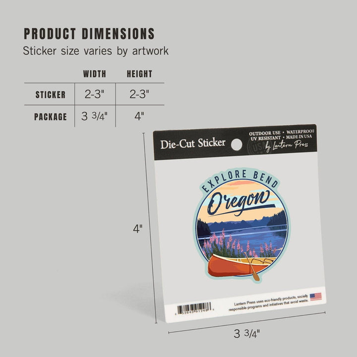 Bend, Oregon, Canoe & Lake, Contour, Lantern Press Artwork, Vinyl Sticker Sticker Lantern Press