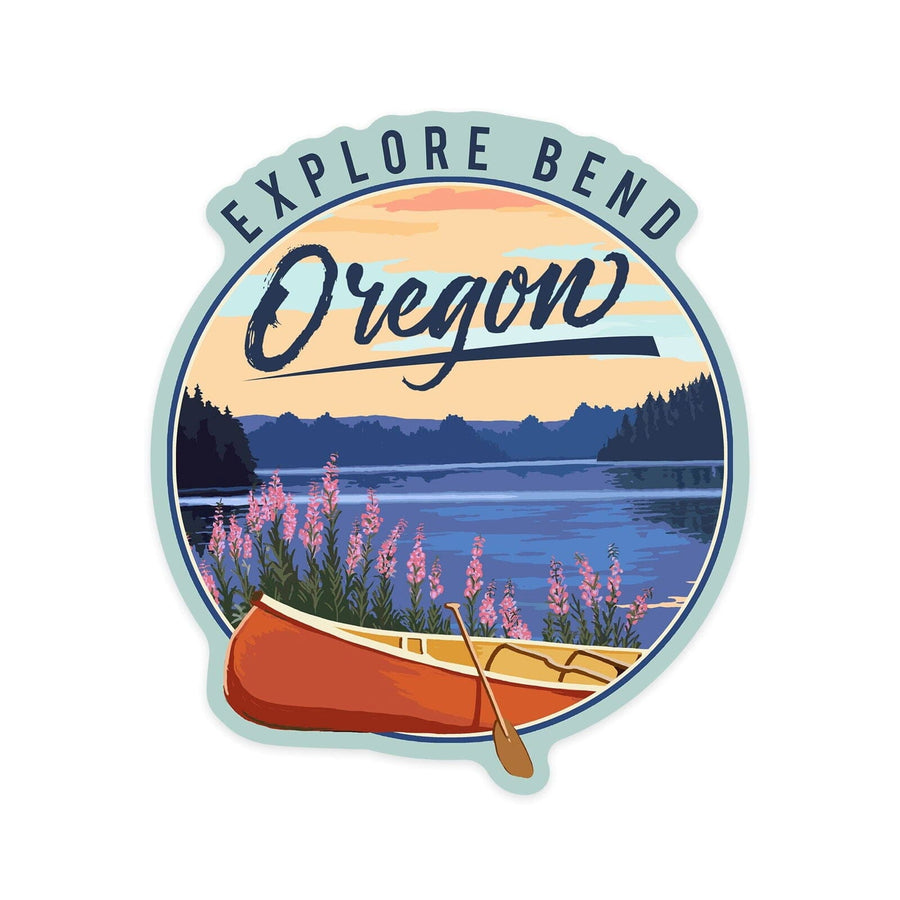Bend, Oregon, Canoe & Lake, Contour, Lantern Press Artwork, Vinyl Sticker Sticker Lantern Press