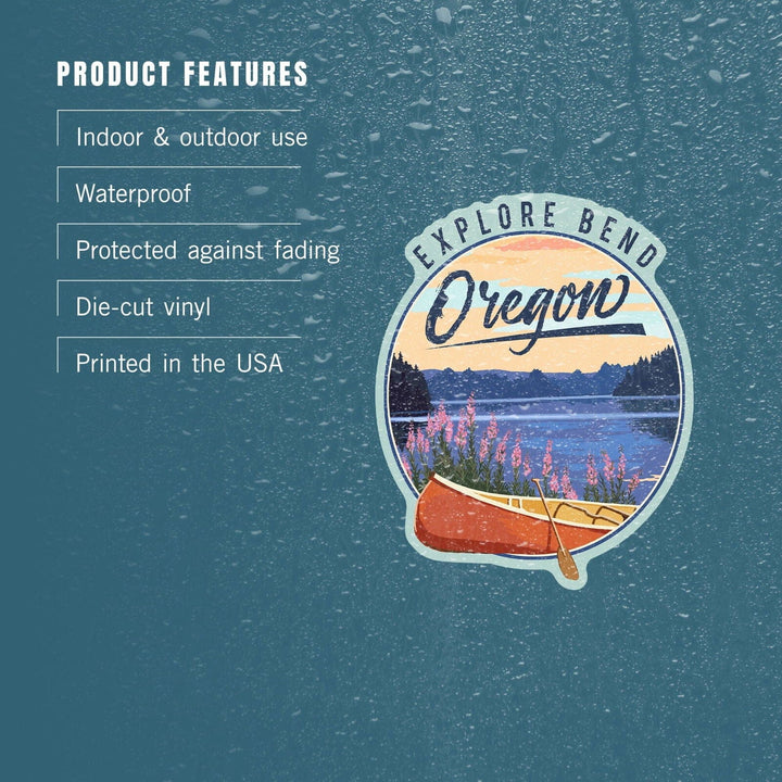 Bend, Oregon, Canoe & Lake, Contour, Lantern Press Artwork, Vinyl Sticker Sticker Lantern Press