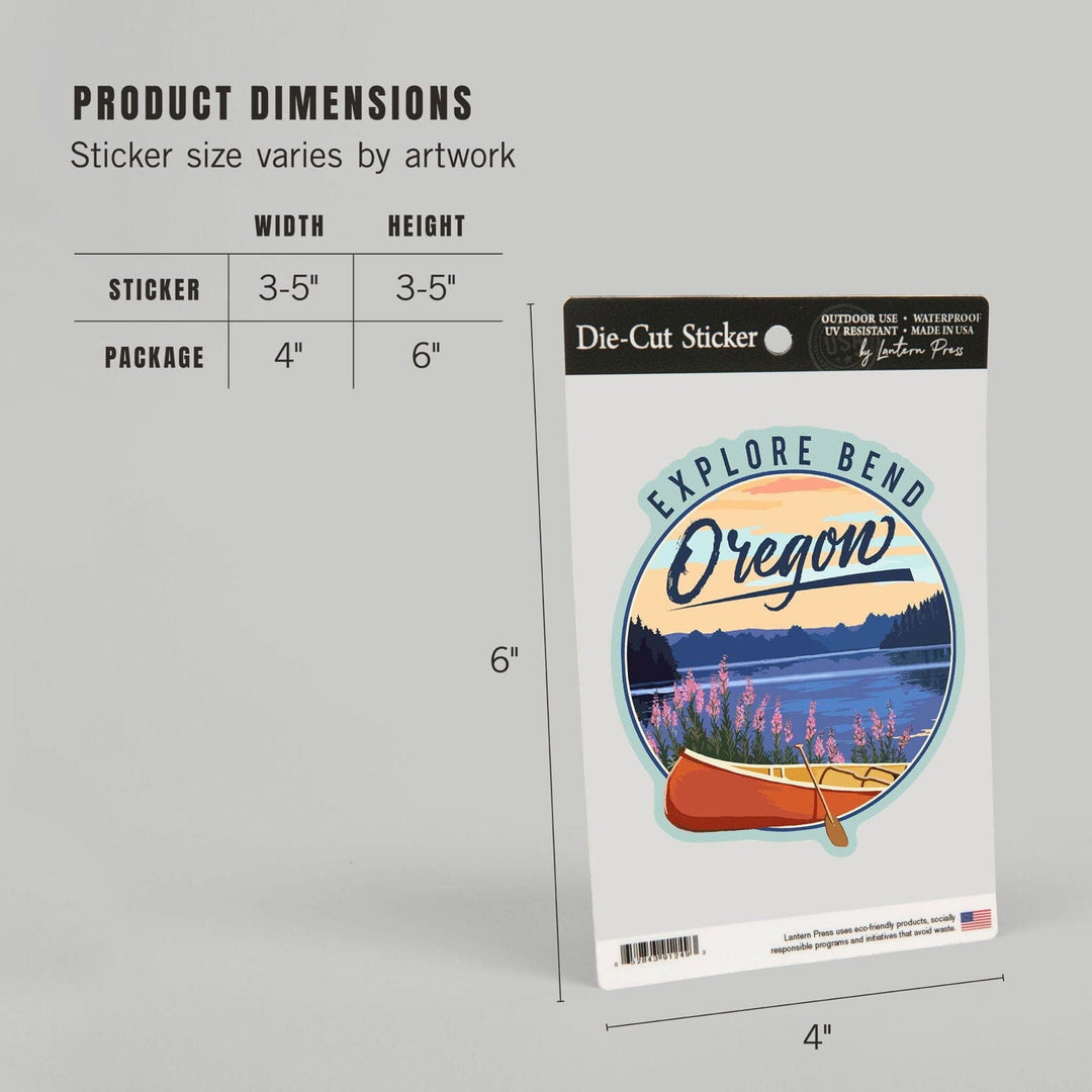 Bend, Oregon, Canoe & Lake, Contour, Lantern Press Artwork, Vinyl Sticker Sticker Lantern Press