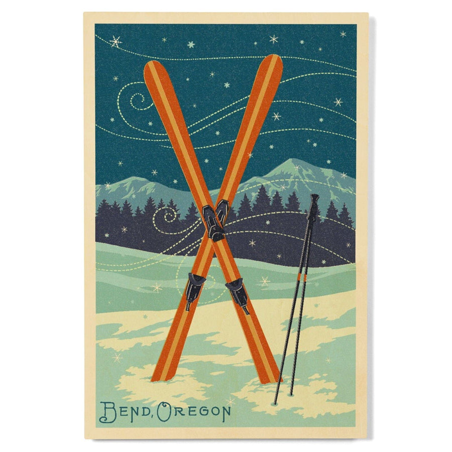 Bend, Oregon, Crossed Skis, Letterpress, Lantern Press Artwork, Wood Signs and Postcards Wood Lantern Press