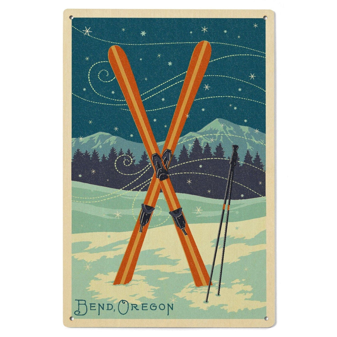 Bend, Oregon, Crossed Skis, Letterpress, Lantern Press Artwork, Wood Signs and Postcards Wood Lantern Press