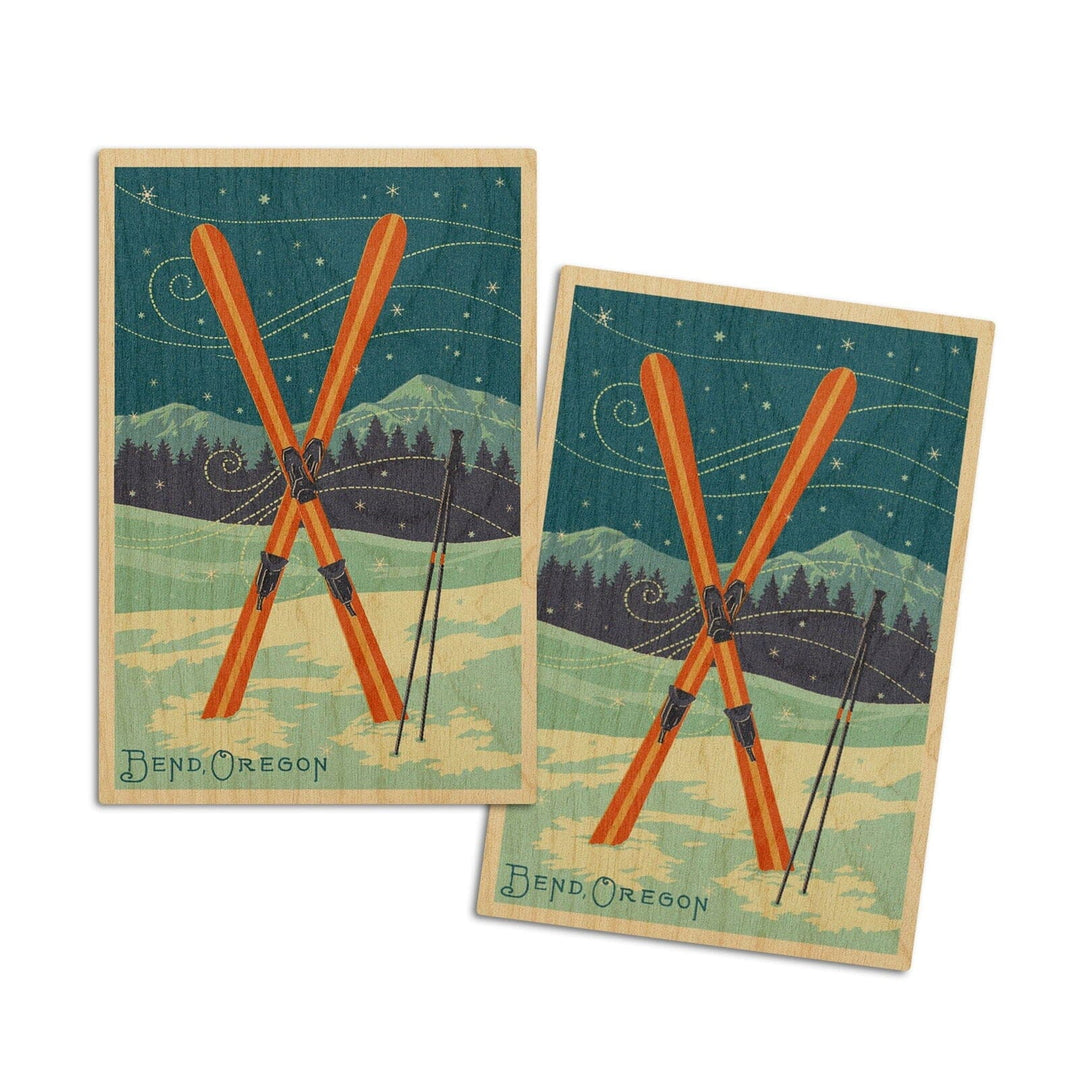 Bend, Oregon, Crossed Skis, Letterpress, Lantern Press Artwork, Wood Signs and Postcards Wood Lantern Press 4x6 Wood Postcard Set