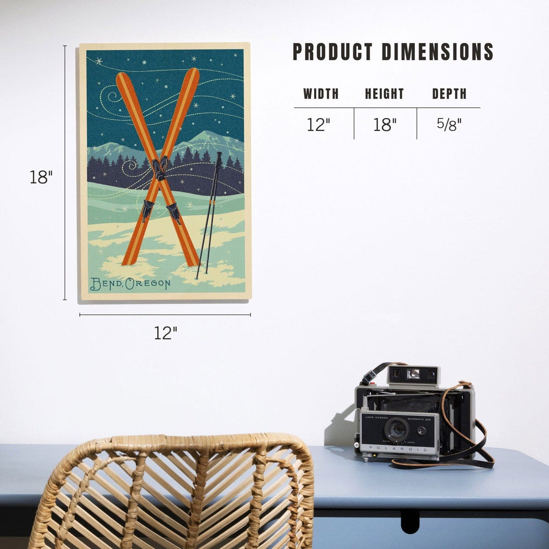 Bend, Oregon, Crossed Skis, Letterpress, Lantern Press Artwork, Wood Signs and Postcards Wood Lantern Press