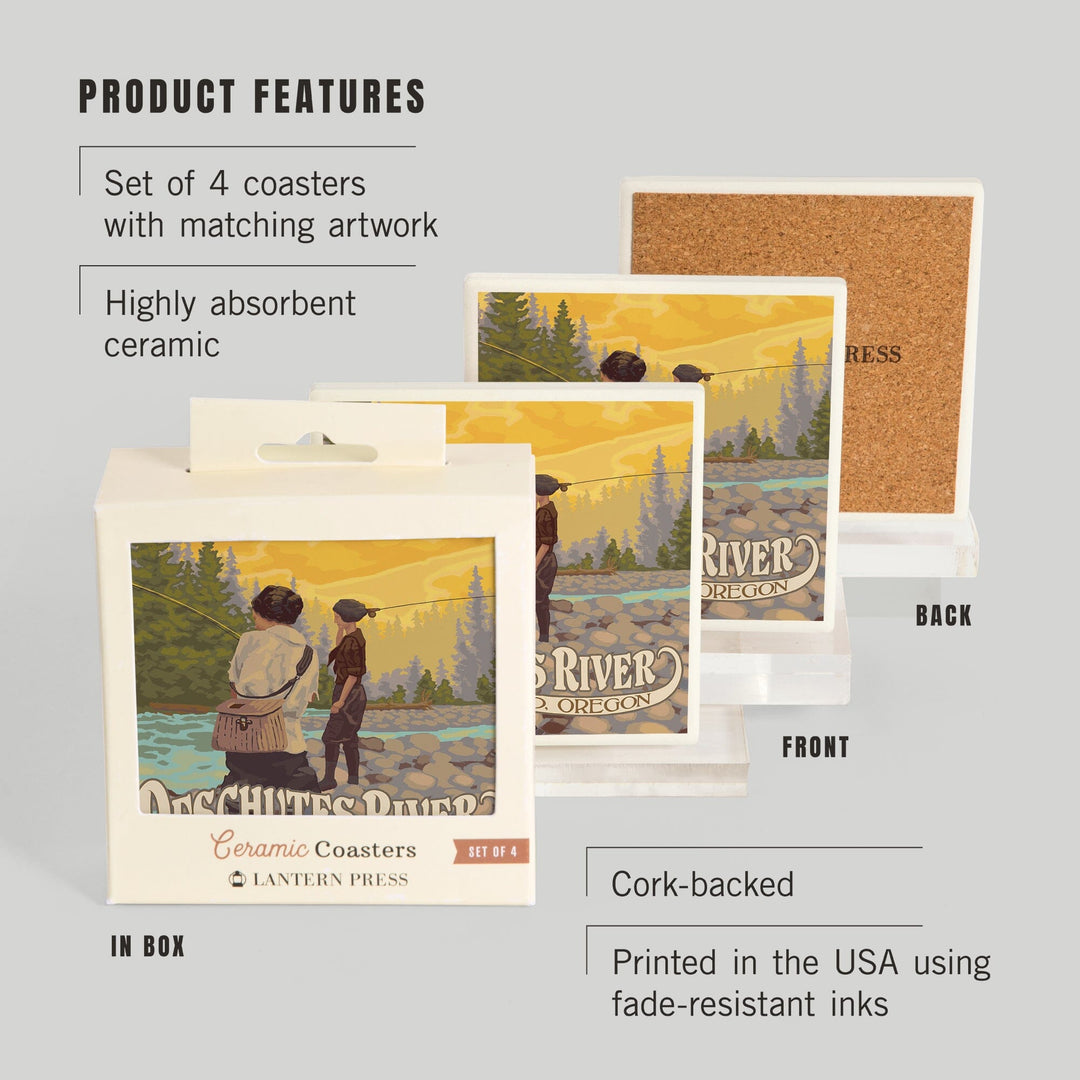 Bend, Oregon, Deschutes River, Women Fishing, Coasters Coasters Lantern Press