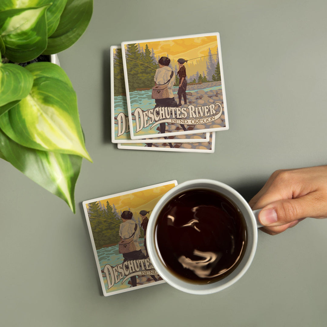 Bend, Oregon, Deschutes River, Women Fishing, Coasters Coasters Lantern Press