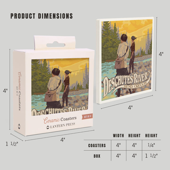 Bend, Oregon, Deschutes River, Women Fishing, Coasters Coasters Lantern Press