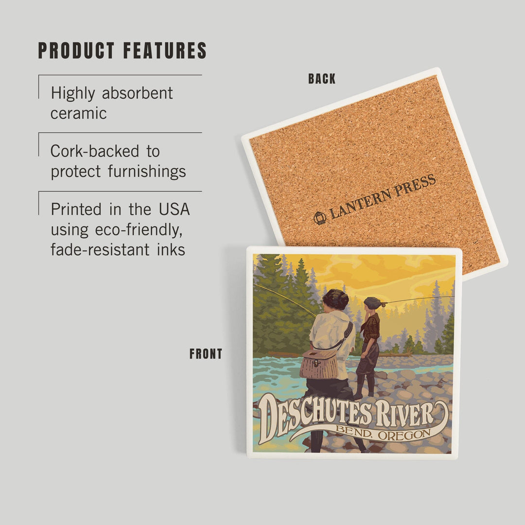 Bend, Oregon, Deschutes River, Women Fishing, Coasters Coasters Lantern Press