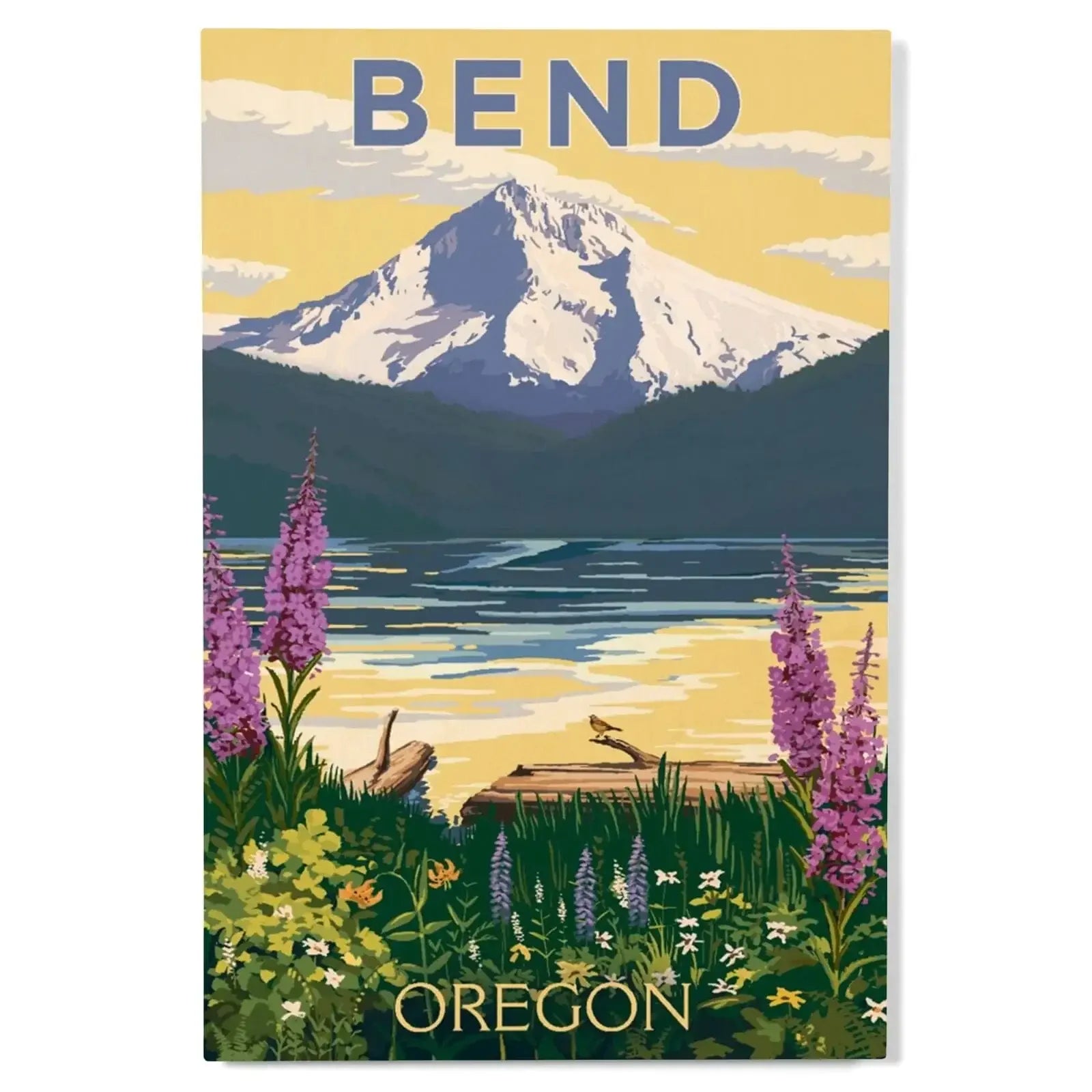 Bend, Oregon, Mountain & Lake Scene, Lantern Press Artwork wood
