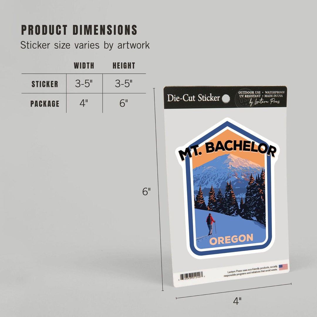 Bend, Oregon, Mt. Bachelor and Skier, Contour, Lantern Press Artwork, Vinyl Sticker Sticker Lantern Press