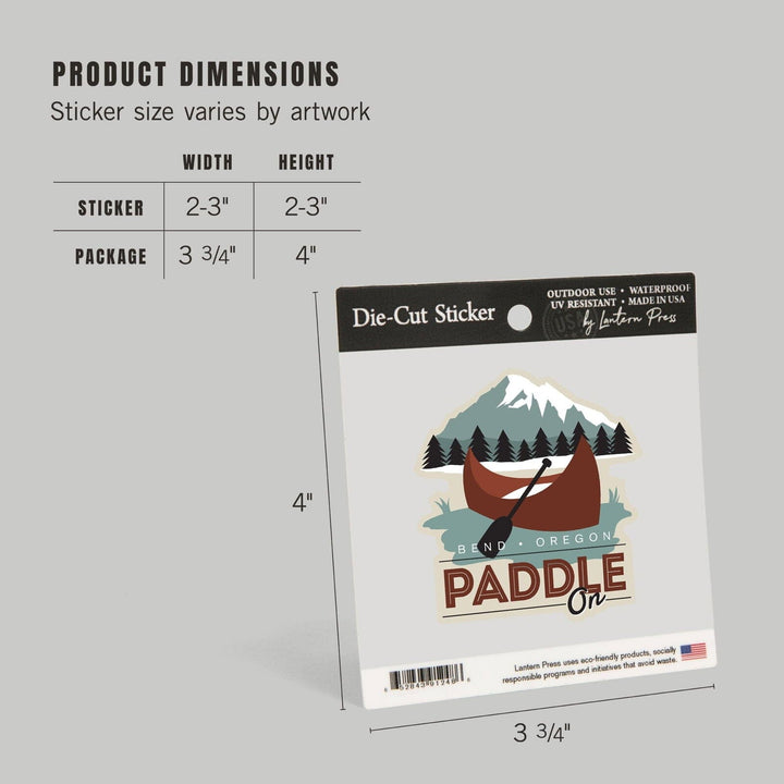 Bend, Oregon, Paddle On, Canoe, Vector, Contour, Lantern Press Artwork, Vinyl Sticker Sticker Lantern Press