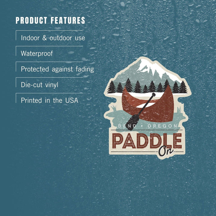 Bend, Oregon, Paddle On, Canoe, Vector, Contour, Lantern Press Artwork, Vinyl Sticker Sticker Lantern Press