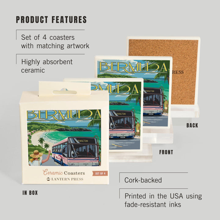 Bermuda, Pink Bus on Coastline, Coasters Coasters Lantern Press