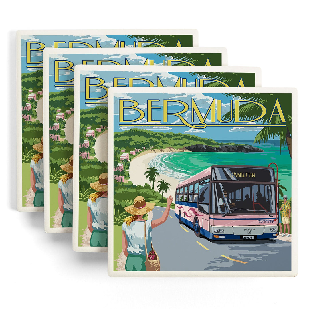 Bermuda, Pink Bus on Coastline, Coasters Coasters Lantern Press
