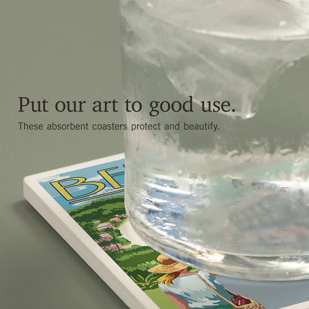 Bermuda, Pink Bus on Coastline, Coasters Coasters Lantern Press