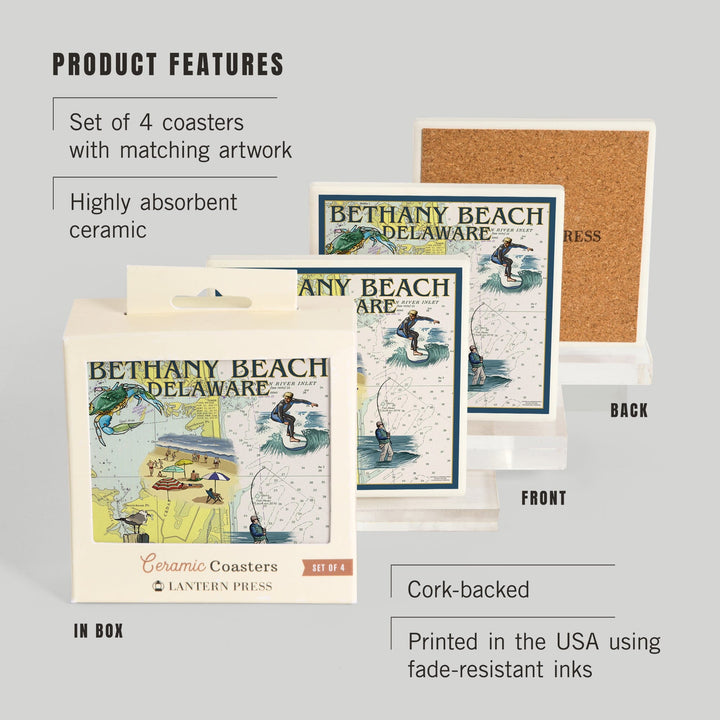Bethany Beach, Delaware, Nautical Chart, Coasters Coasters Lantern Press