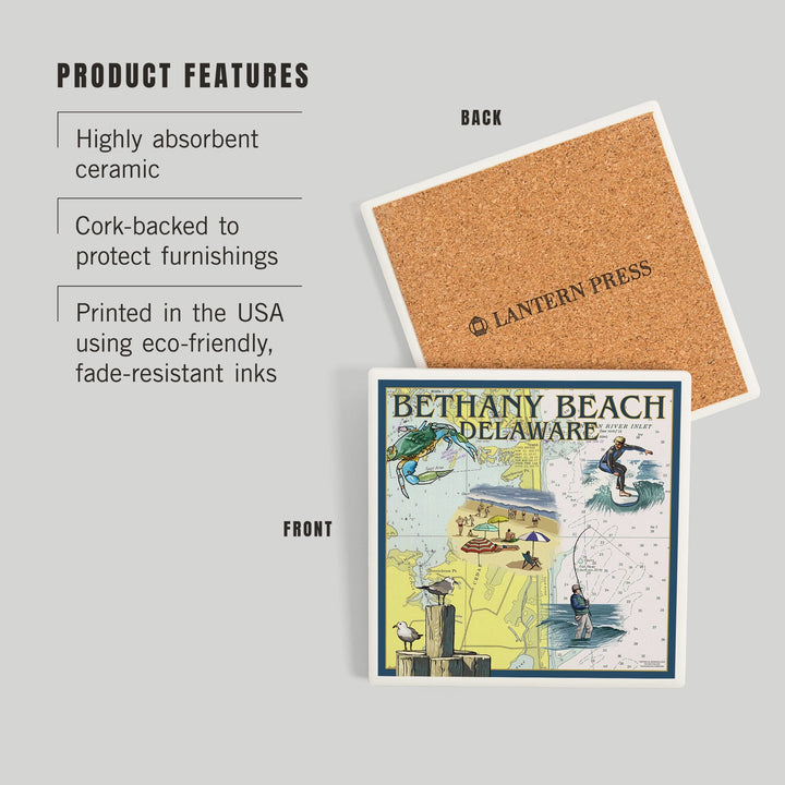 Bethany Beach, Delaware, Nautical Chart, Coasters Coasters Lantern Press