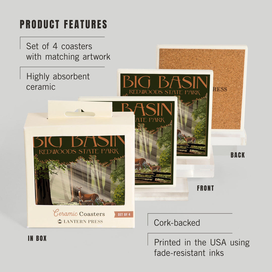 Big Basin Redwoods Park, California, Deer and Fawns, Coasters Coasters Lantern Press