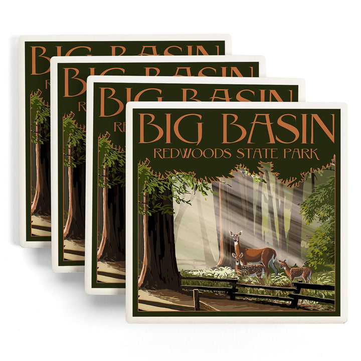 Big Basin Redwoods Park, California, Deer and Fawns, Coasters Coasters Lantern Press
