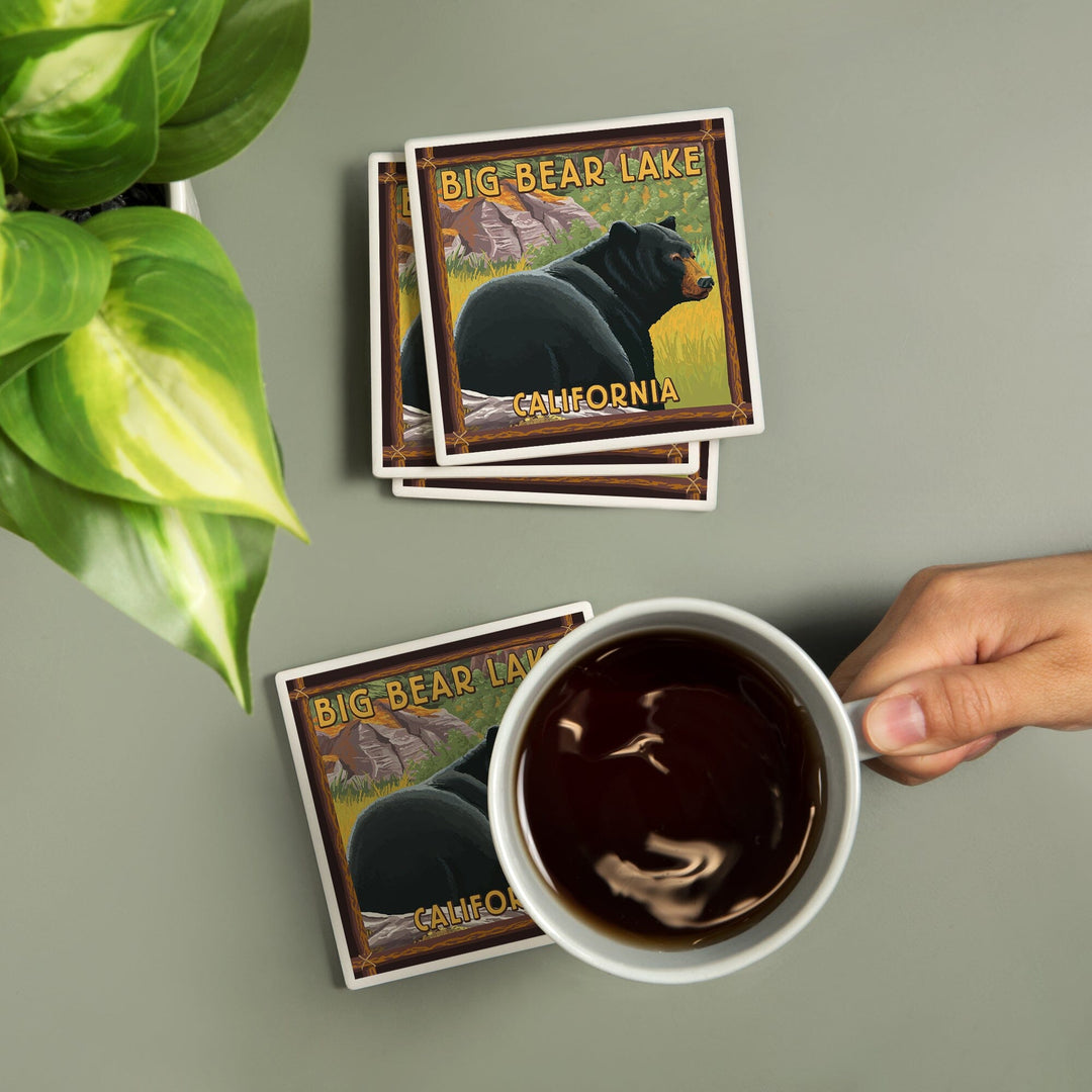 Big Bear Lake, California, Black Bear in Forest, Coasters Coasters Lantern Press