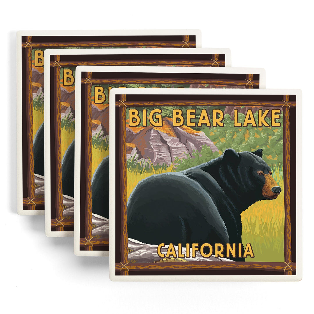 Big Bear Lake, California, Black Bear in Forest, Coasters Coasters Lantern Press