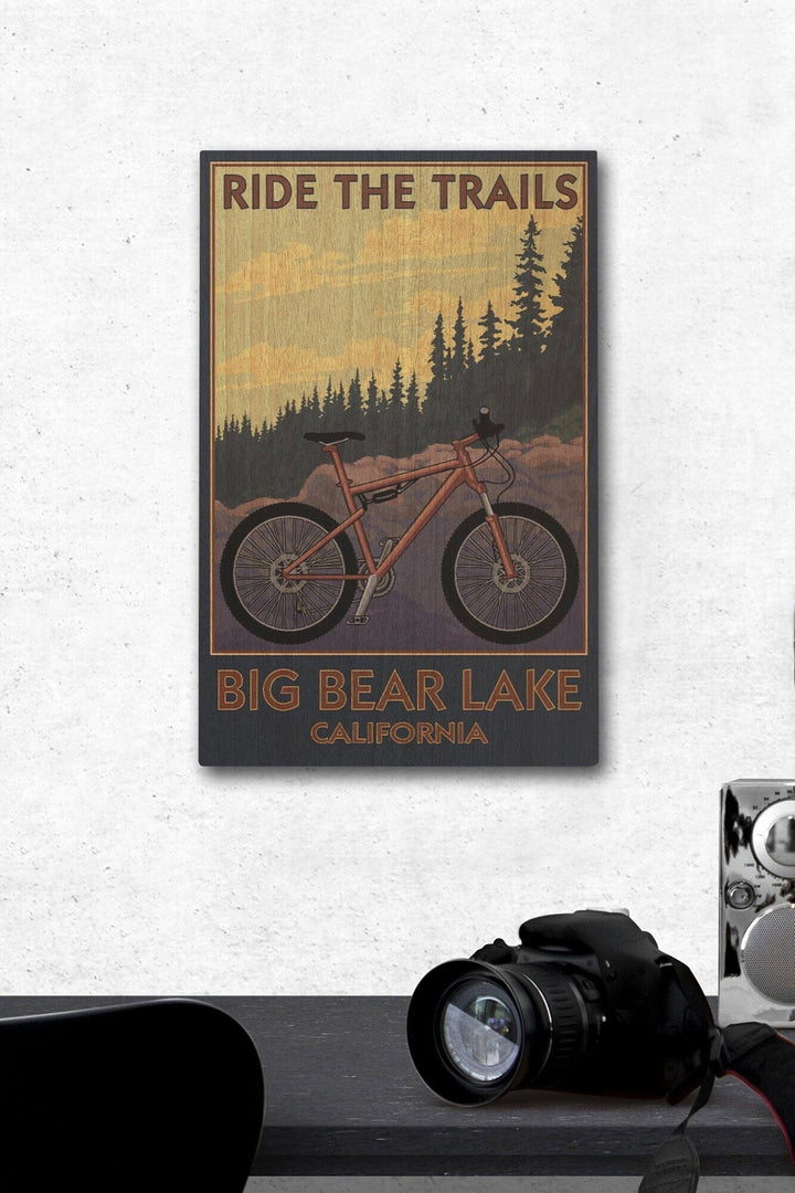 Big Bear Lake, California, Mountain Bike Scene, Lantern Press Artwork, Wood Signs and Postcards Wood Lantern Press