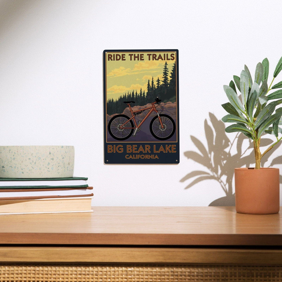Big Bear Lake, California, Mountain Bike Scene, Lantern Press Artwork, Wood Signs and Postcards Wood Lantern Press