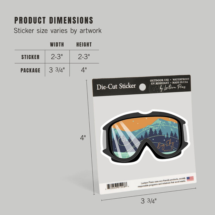 Big Sky, Montana, Ski Goggles, Contour, Lantern Press Artwork, Vinyl Sticker - Lantern Press