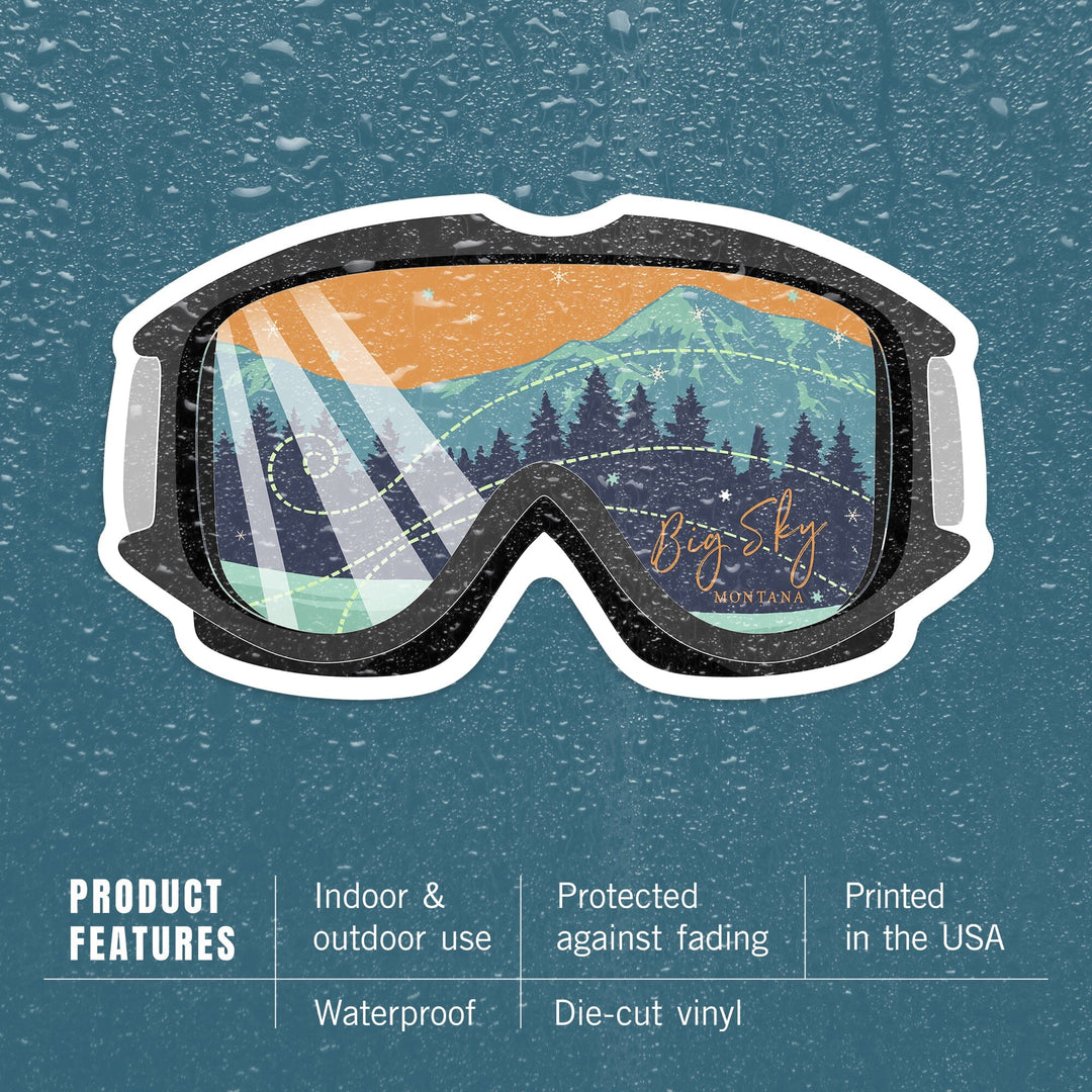 Big Sky, Montana, Ski Goggles, Contour, Lantern Press Artwork, Vinyl Sticker - Lantern Press