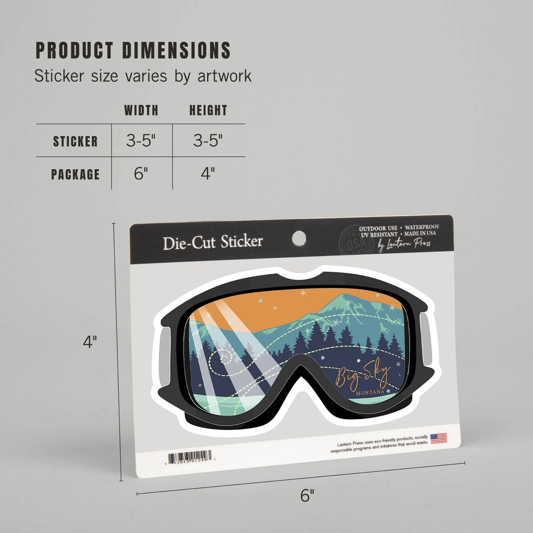 Big Sky, Montana, Ski Goggles, Contour, Lantern Press Artwork, Vinyl Sticker - Lantern Press