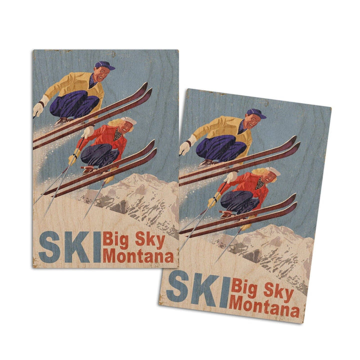 Big Sky Montana, Vintage Skiers, Wood Signs and Postcards Wood Lantern Press 4x6 Wood Postcard Set