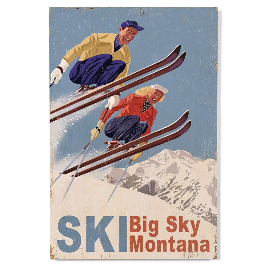 Big Sky Montana, Vintage Skiers, Wood Signs and Postcards Wood Lantern Press