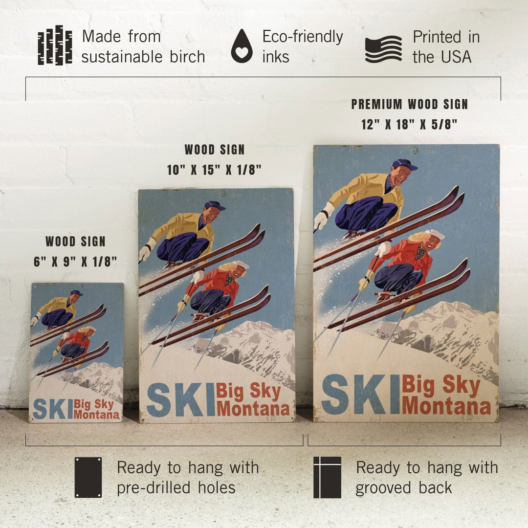 Big Sky Montana, Vintage Skiers, Wood Signs and Postcards Wood Lantern Press