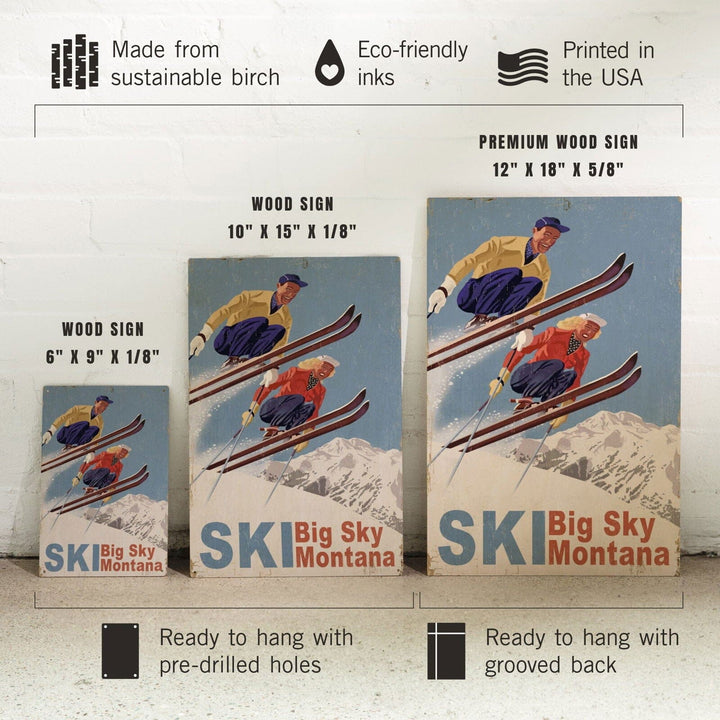 Big Sky Montana, Vintage Skiers, Wood Signs and Postcards Wood Lantern Press