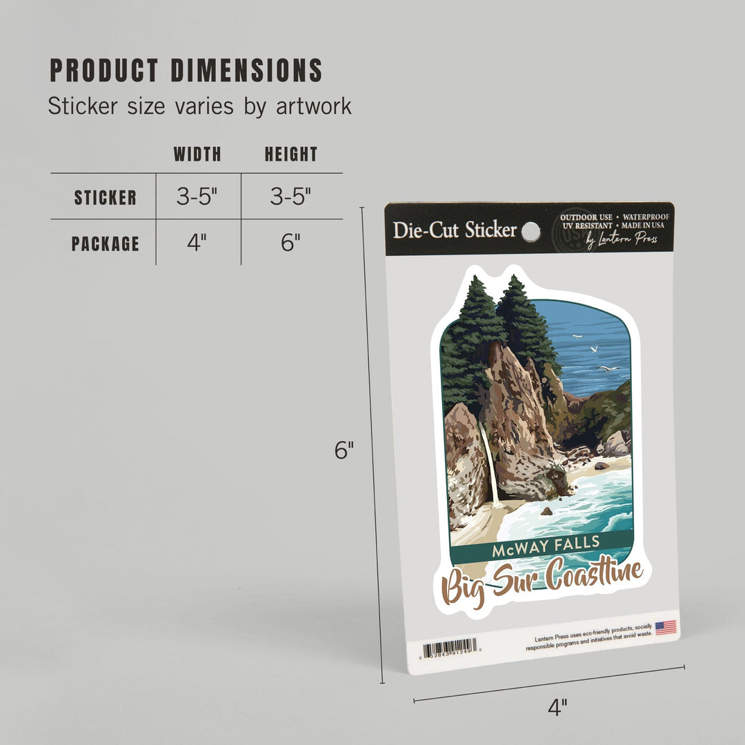 Big Sur, California, McWay Falls, Contour, Lantern Press Artwork, Vinyl Sticker - Lantern Press