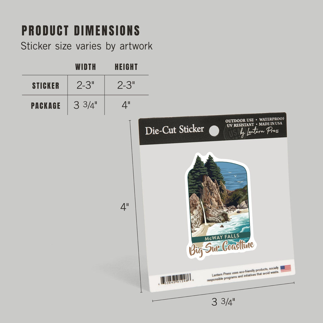 Big Sur, California, McWay Falls, Contour, Lantern Press Artwork, Vinyl Sticker - Lantern Press