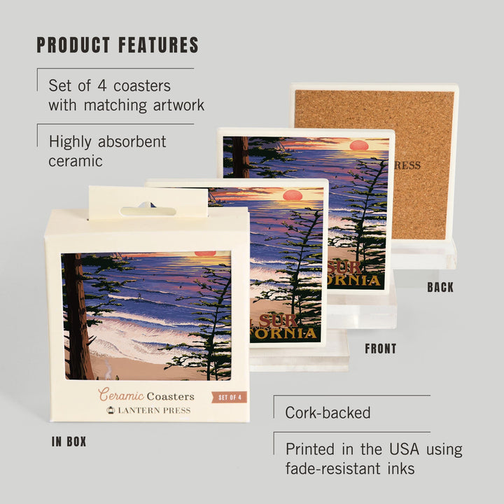 Big Sur, California, Surfing and Sunset, Coasters Coasters Lantern Press
