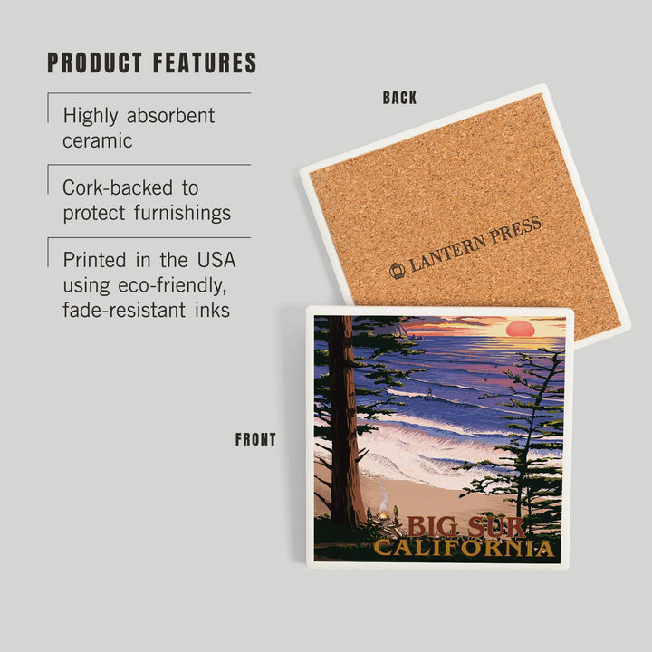Big Sur, California, Surfing and Sunset, Coasters Coasters Lantern Press