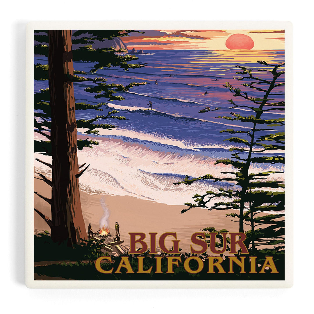 Big Sur, California, Surfing and Sunset, Coasters Coasters Lantern Press Coaster