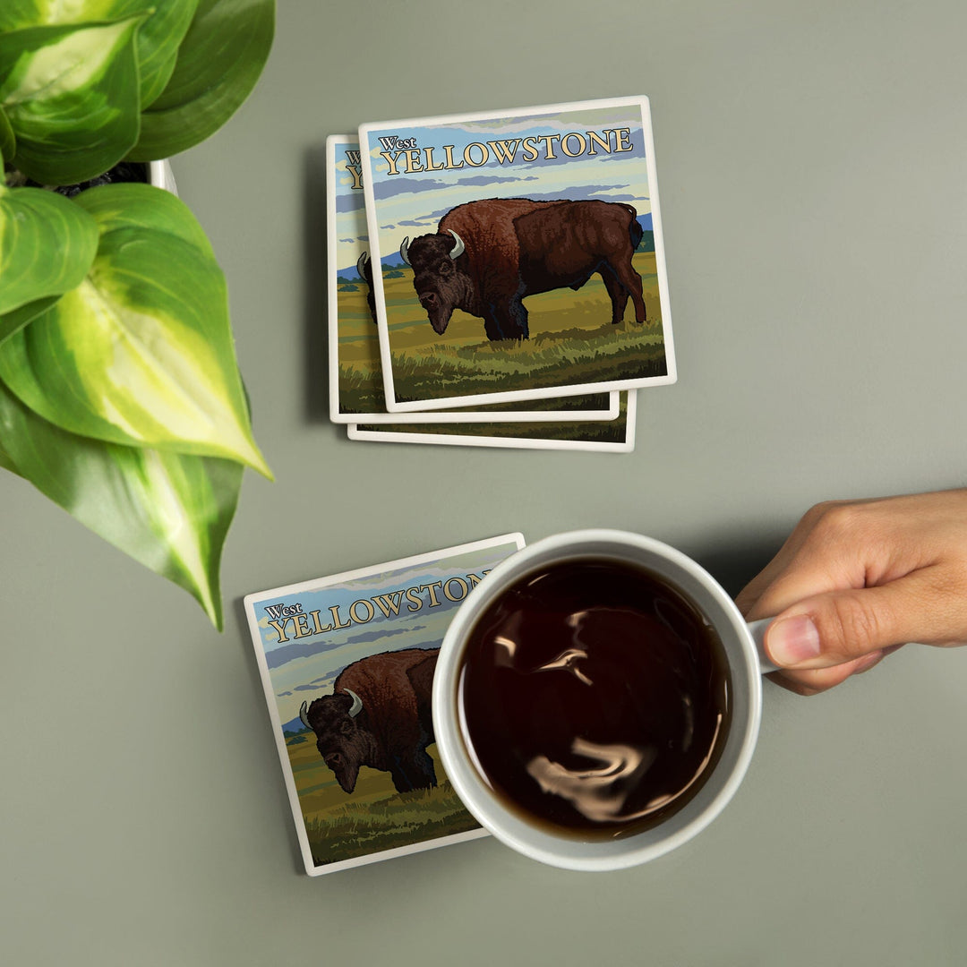 Bison Scene, West Yellowstone, Montana, Coasters Coasters Lantern Press