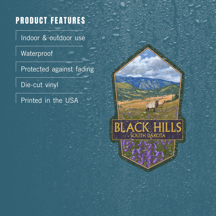 Black Hills, South Dakota, Elk & Flowers, Contour, Lantern Press Artwork, Vinyl Sticker - Lantern Press