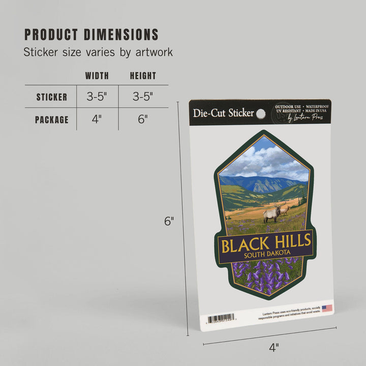 Black Hills, South Dakota, Elk & Flowers, Contour, Lantern Press Artwork, Vinyl Sticker - Lantern Press